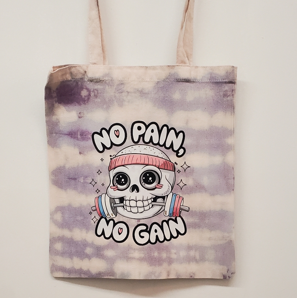 🪻3$/25 No Pain No Gain Skull Tote Bag Custom hand dyed tie-dye purple whit